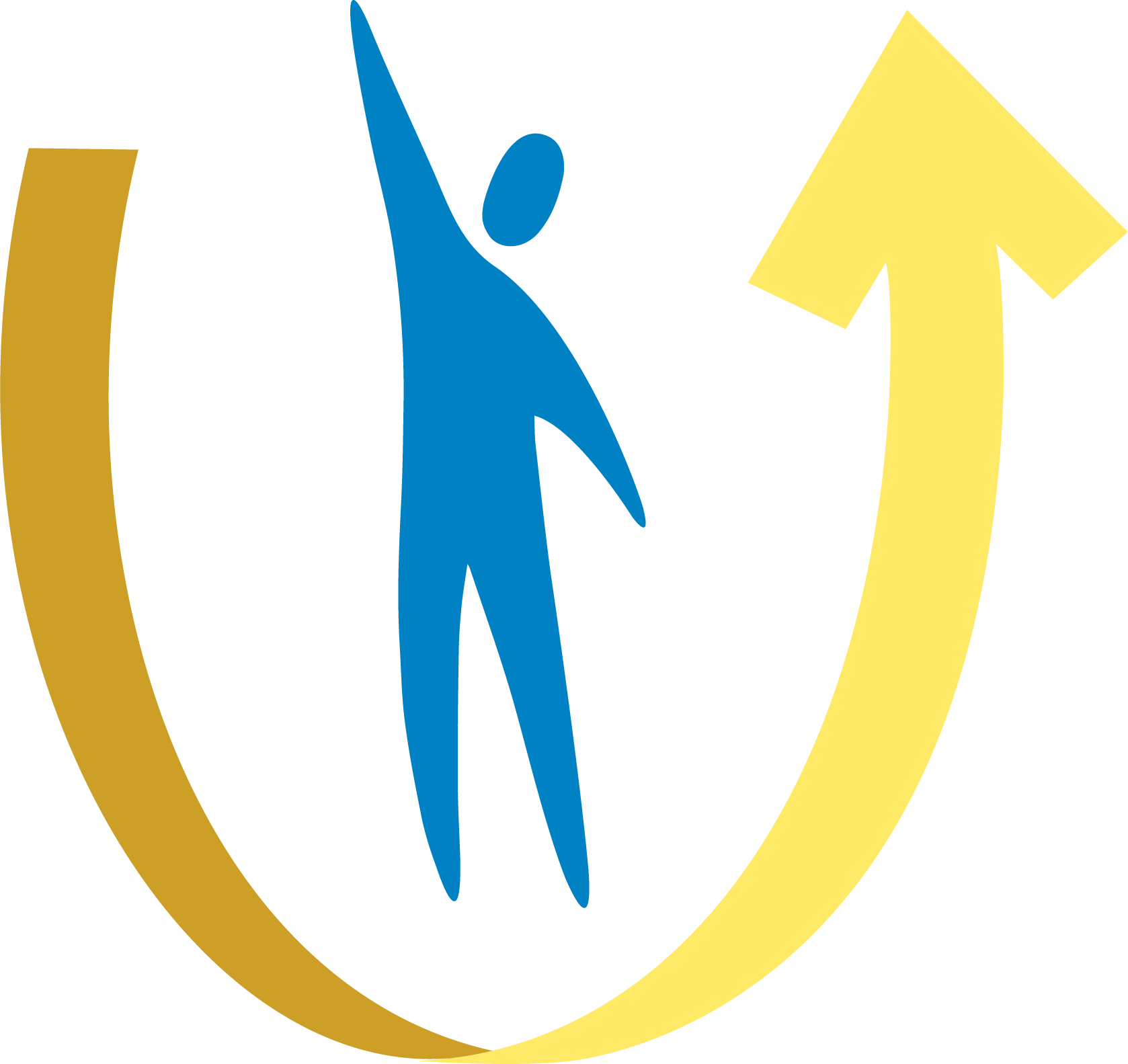 Logo: Illustration of a person with right arm up standing above U shaped arrow