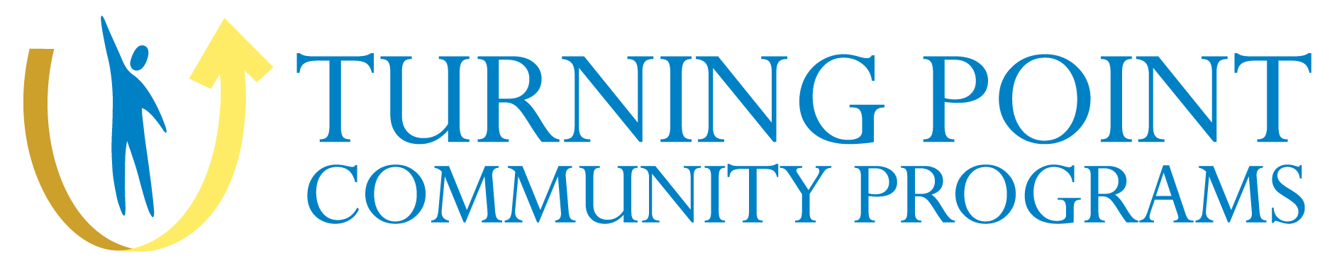 Logo: Illustration of a person with right arm up standing above U shaped arrow, next to the words Turning Point Community Programs
