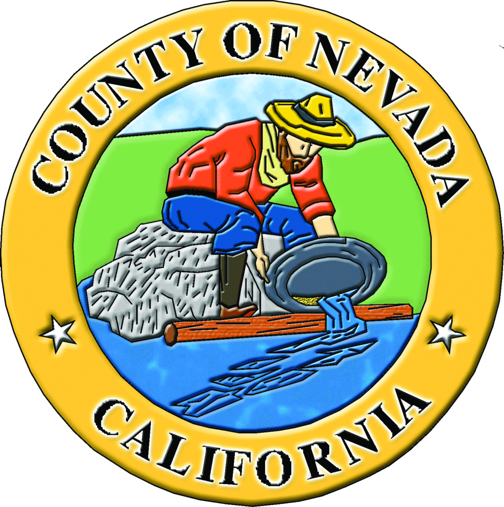 logo of Nevada County of California: an illustration of miner panning for gold in a stream.