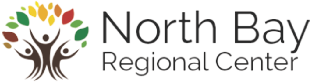 Logo featuring illustration of people with arms raised and colorful ovals above them which resembles a tree shape; North Bay Regional Center